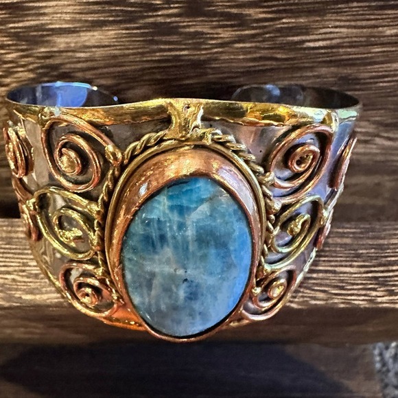 Artisan-Made 2-inch Wide Cuff Bracelet with Apatite Stone and Mixed Metals, Adj - Picture 6 of 12